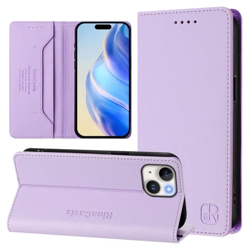 Funda de Cuero con Doble Pliegue y Succión Magnética para iPhone 15 Rc01 (Morado Claro)