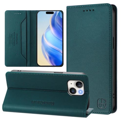 Funda de Cuero Rc01 para iPhone 14 Plus con Doble Pliegue y Succión Magnética (Verde Oscuro)