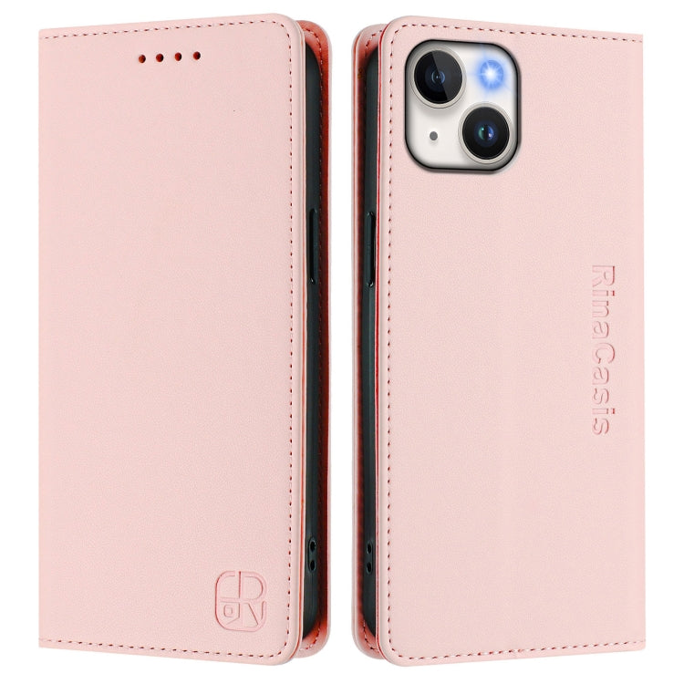 Funda de Cuero para iPhone 14/13 Rc01 Doble Pliegue Succión Magnética (Rosa)