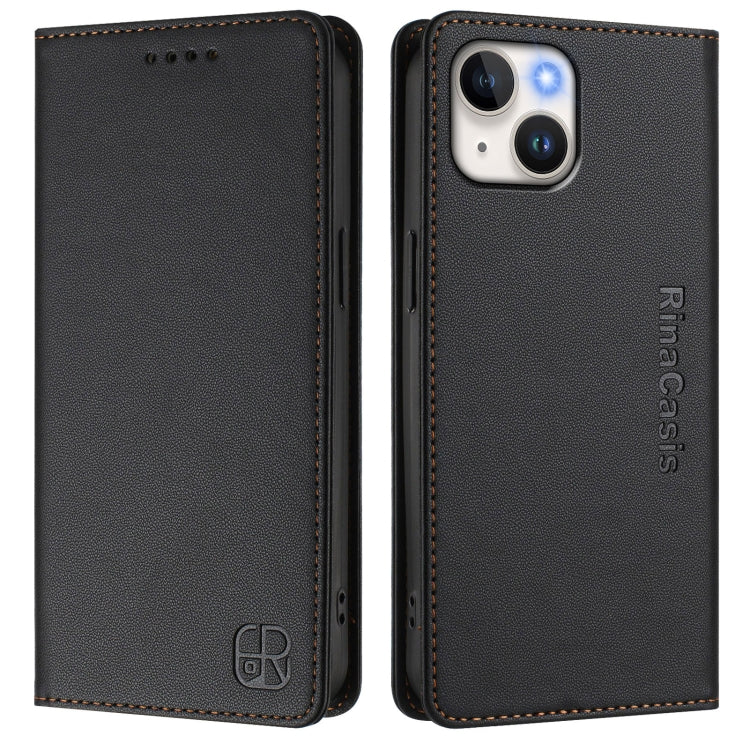 Funda de Cuero con Doble Pliegue y Succión Magnética para iPhone 14/13 Rc01 (Negra)