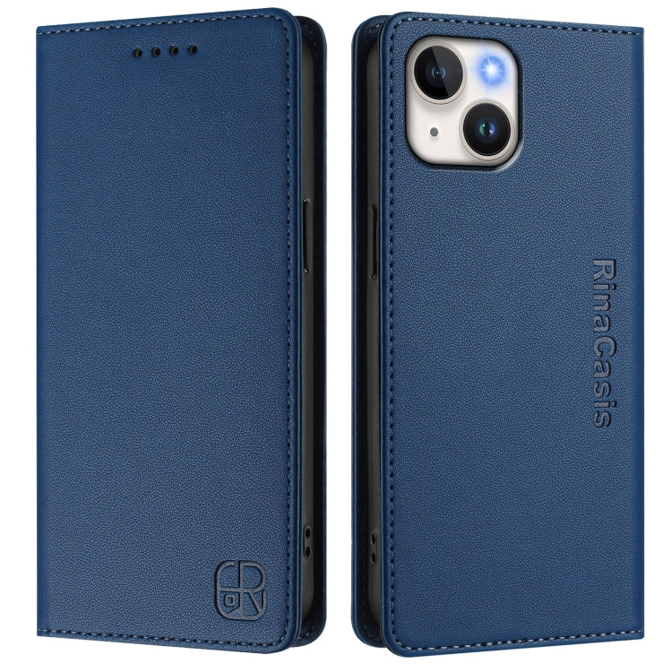 Funda de Cuero para iPhone 14/13 Rc01 Doble Pliegue y Succión Magnética (Azul Oscuro)