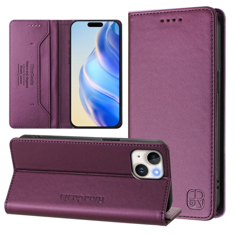 Funda de Cuero para iPhone 14/13 Rc01 Doble Pliegue Succión Magnética (Violeta)