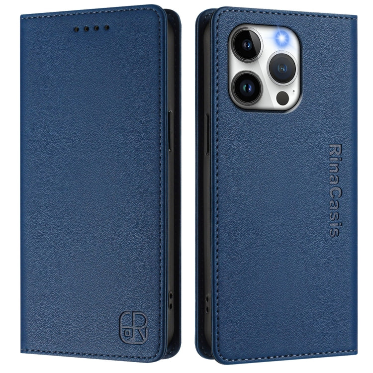 Funda de Cuero con Doble Pliegue y Succión Magnética para iPhone 13 Pro Rc01 (Azul Oscuro)