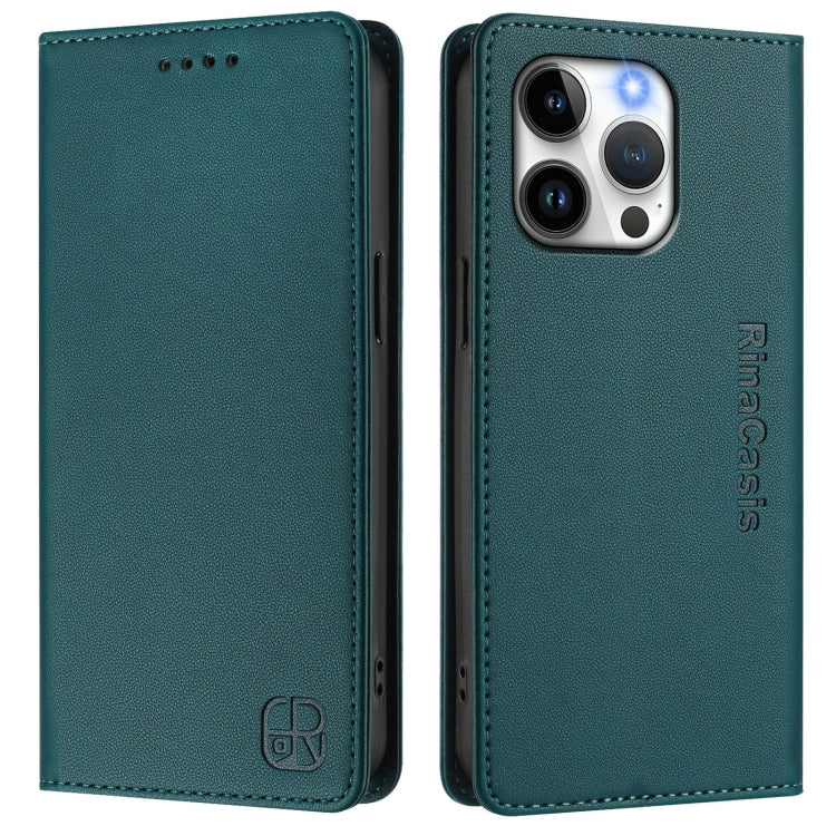 Funda de Cuero Rc01 para iPhone 13 Pro con Doble Pliegue y Succión Magnética (Verde Oscuro)