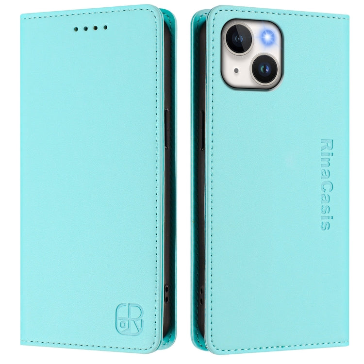 Funda de Cuero para iPhone 13 Mini Rc01 Doble Pliegue Succión Magnética (Verde Menta)