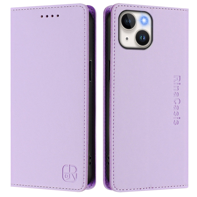 Funda de Cuero para iPhone 13 Mini Rc01 Doble Pliegue Succión Magnética (Morado Claro)