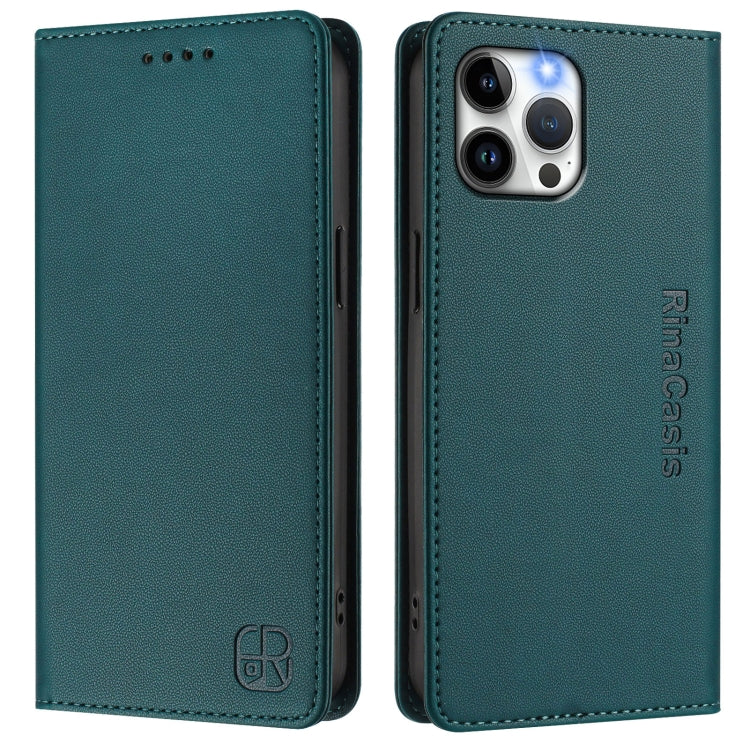 Funda de Cuero Rc01 para iPhone 12 Pro Max con Doble Pliegue y Succión Magnética (Verde Oscuro)