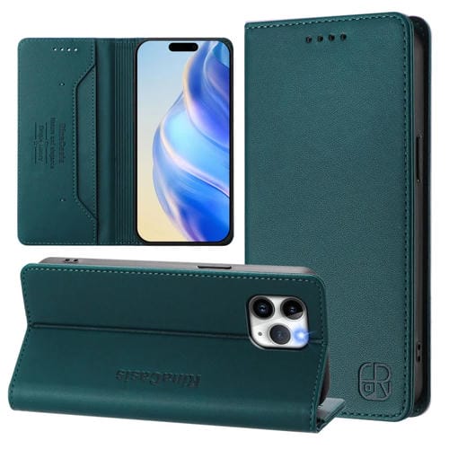 Funda de Cuero Rc01 para iPhone 11 Pro Max Doble Pliegue Succión Magnética (Verde Oscuro)