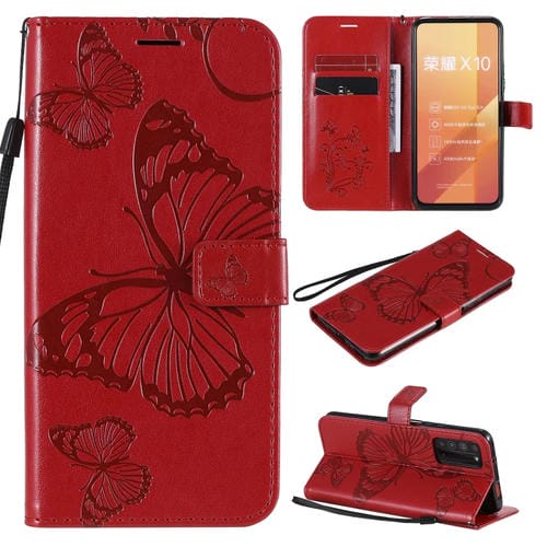 Para Huawei Honor X10 Patrón de estampado de mariposas en 3D Funda de cuero con tapa horizontal con soporte, ranura para tarjeta, billetera y cordón (rojo)