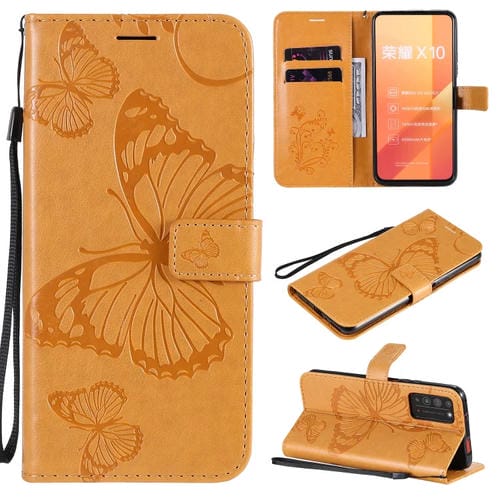 Para Huawei Honor X10 Patrón de estampado de mariposas en 3D Funda de cuero con tapa horizontal con soporte y ranura para tarjeta y billetera y cordón (amarillo)
