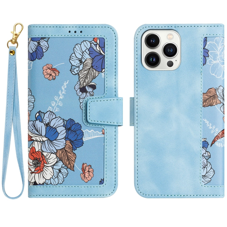 Funda de Cuero iPhone 15 Pro Max Estampado Floral con Cordón (Azul Claro)