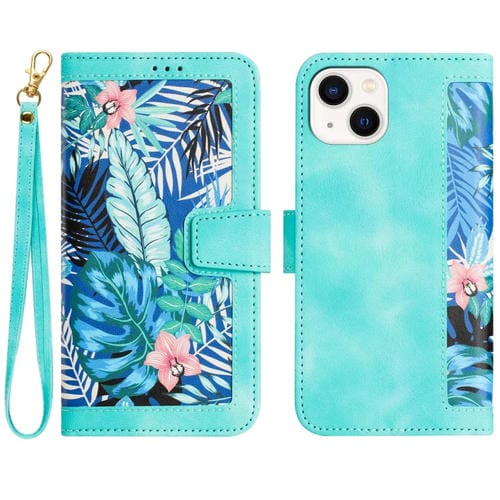 Funda de Cuero para iPhone 15 Plus con Estampado Floral y Cordón (Verde)