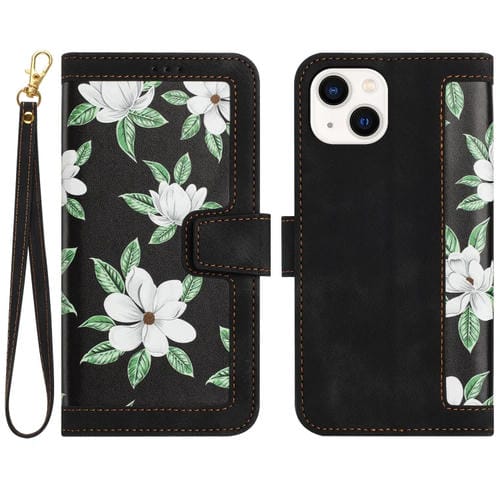 Funda de Cuero para iPhone 15 con Estampado Floral y Cordón (Negro)