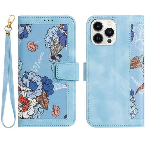 Funda de Cuero para iPhone 14 Pro con Estampado Floral y Cordón (Azul Claro)