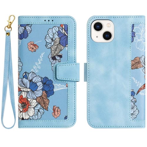 Funda de Cuero iPhone 13 Pro Estampado Floral con Cordón (Azul Claro)