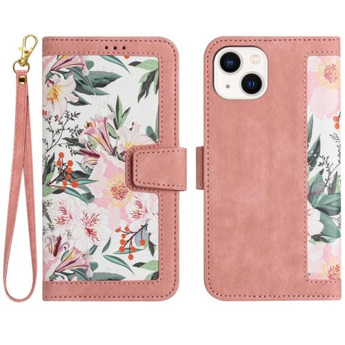 Funda de Cuero para iPhone 13 Pro con Estampado Floral y Cordón (Rosa)