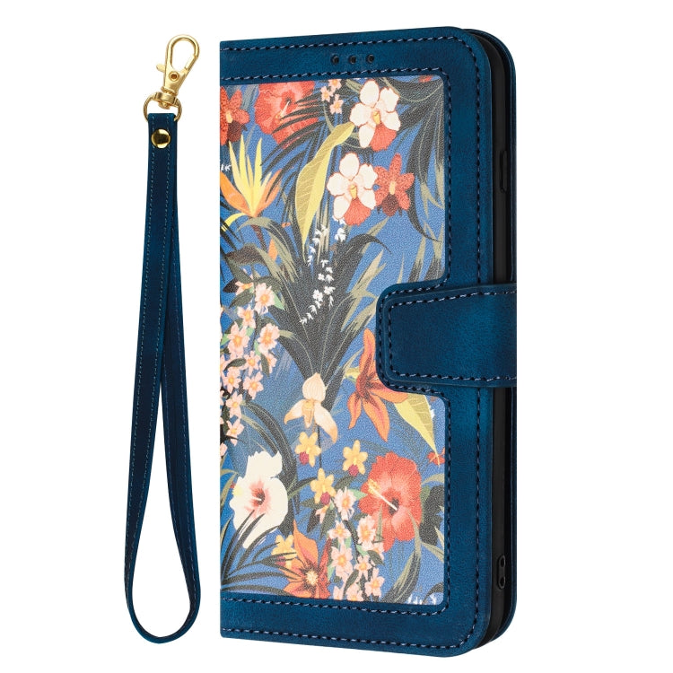 Funda de Cuero para iPhone 13 Pro Estampado Floral con Cordón (Azul Oscuro)