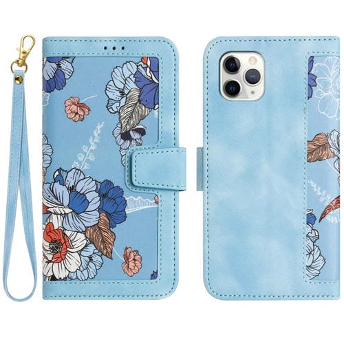 Funda de Cuero para iPhone 11 Pro con Estampado Floral y Cordón (Azul Claro)