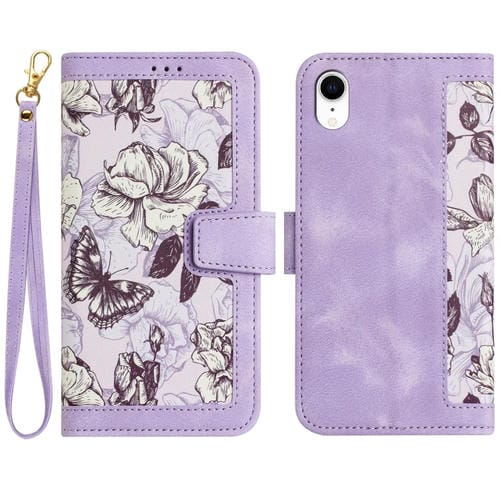 Funda de Cuero para iPhone Xr Estampado Floral con CordĂłn (Morado Claro)