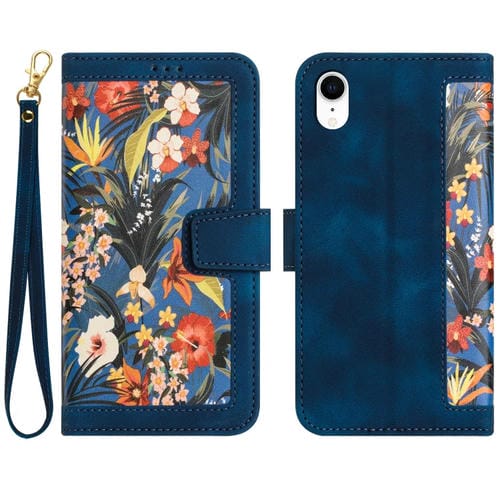 Funda de Cuero con Estampado Floral para iPhone Xr con CordĂłn (Azul Oscuro)
