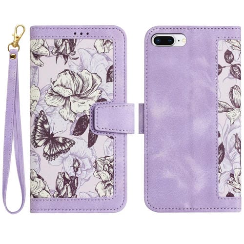 Funda de Cuero para iPhone 8 Plus/7 Plus Estampado Floral con Cordón (Morado Claro)
