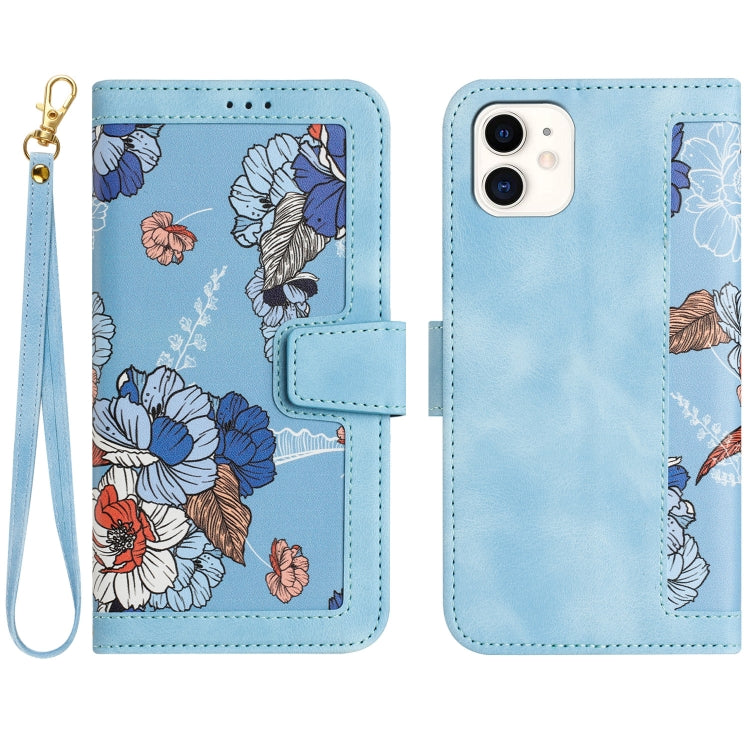 Funda de Cuero para iPhone 12 Mini con Estampado Floral y Cordón (Azul Claro)
