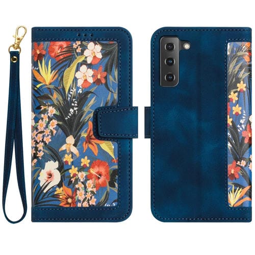 Funda Cuero Samsung Galaxy S21+ 5G Estampado Floral Cordón (Azul Oscuro)