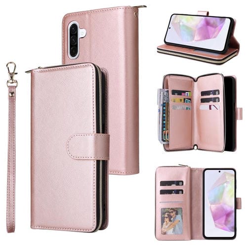 Funda de cuero con cremallera para Samsung Galaxy A17 5G, 9 ranuras para tarjetas (oro rosa)
