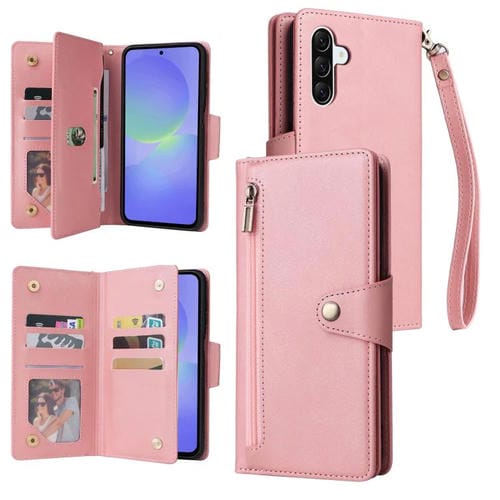 Funda de Cuero Samsung Galaxy A36 5G Tres Pliegues Hebilla Remache (Oro Rosa)