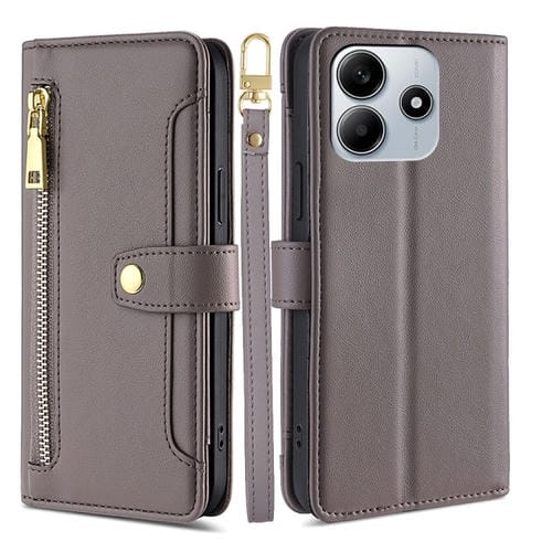 Funda de Cuero Tipo Cartera con Cremallera y Textura de Oveja para Redmi Note 14 5G (Gris)