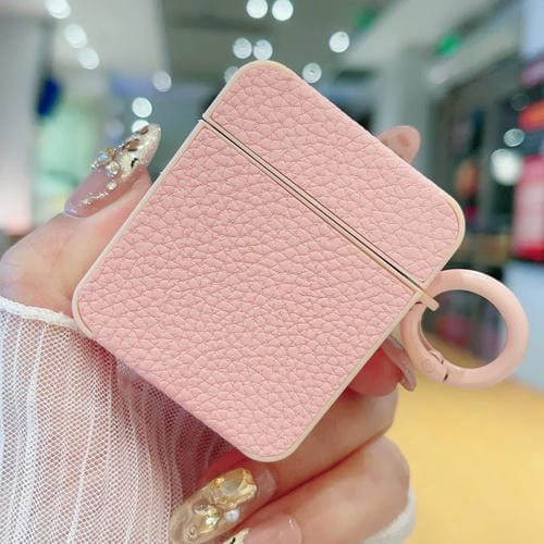 Funda Protectora Para Auriculares Airpods 1/2 Textura Cuero Adhesivo Lichi (Rosa)