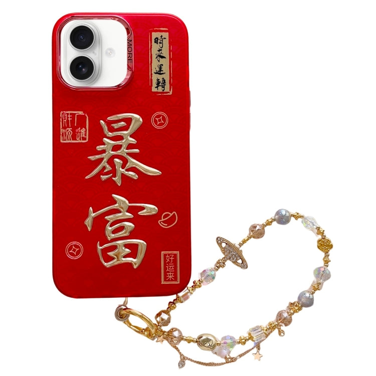 Estuche para Teléfono iPhone 16 Plus Estampado Dorado 3D Imd con Cadena de Cristal (Adinerado)