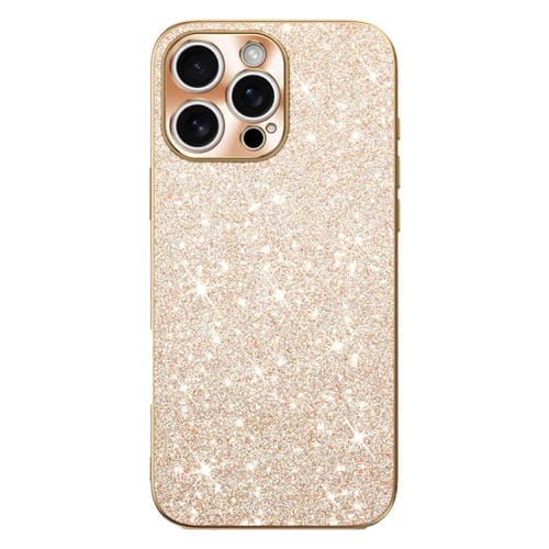 Estuche para Teléfono iPhone 16 Pro Max con Anillo de Lente Textura Cd y Diamante en Forma de Estrella (Dorado)