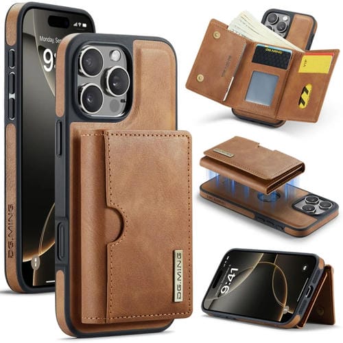 Funda de Cuero Extraíble para iPhone 16 Pro Serie Dg.Ming M6 con Tarjetero Rfid de Tres Pliegues (Marrón)
