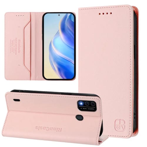 Funda de Cuero Rfid para Teléfono Itel A48 Rc01 con Doble Pliegue y Succión Magnética (Rosa)