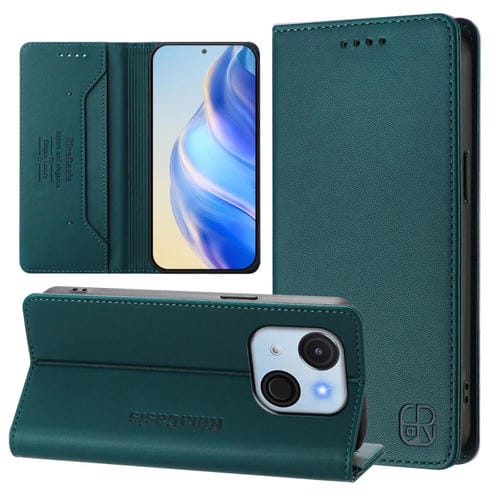 Funda de Cuero Rfid para Teléfono Itel A50C Rc01 con Doble Pliegue y Succión Magnética (Verde Oscuro)