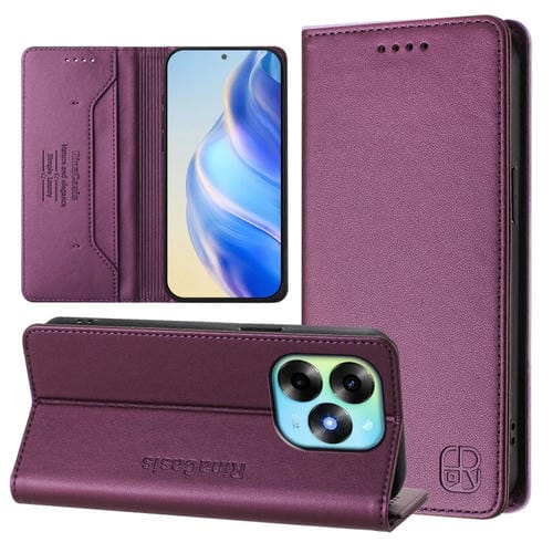 Funda de Cuero Rfid para Teléfono Itel S23+ Rc01 con Doble Pliegue y Succión Magnética (Violeta)