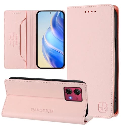 Funda de Cuero con Doble Pliegue y Succión Magnética RFID para Motorola Moto G84 Rc01 (Rosa)