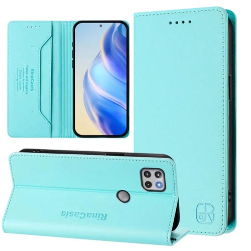 Funda de Cuero Rfid con Doble Pliegue y Succión Magnética para Motorola One 5G Ace Rc01 (Verde Menta)