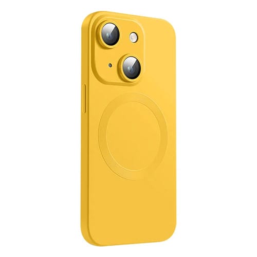 Funda de silicona lĂquida Magsafe para iPhone 15 Plus con textura de CD (Amarillo LimĂłn)