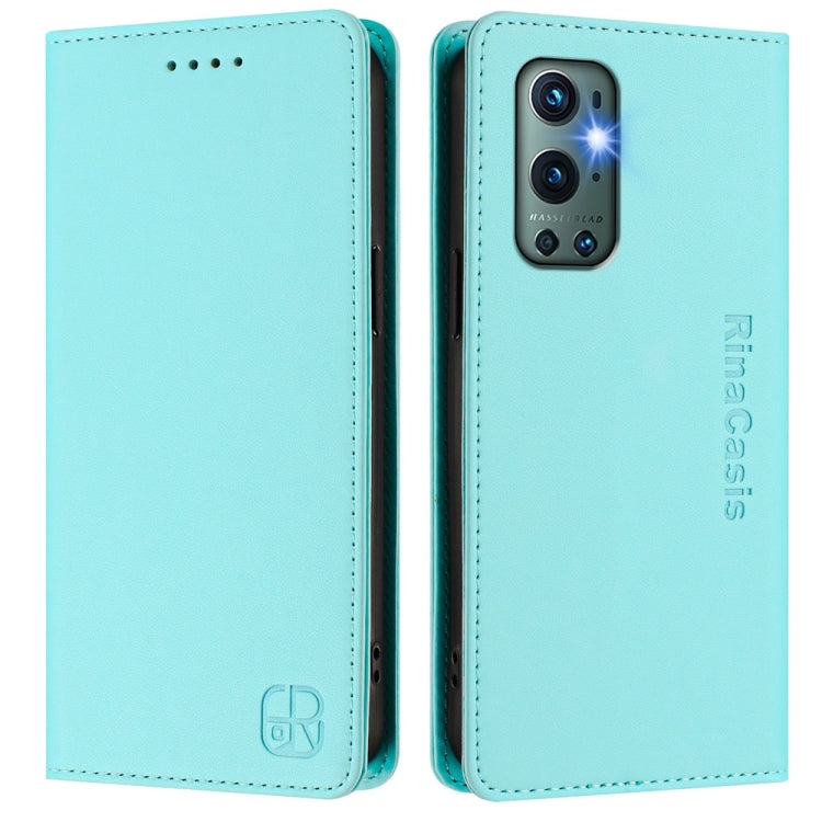 Funda de Cuero con Doble Pliegue Succión Magnética Rfid para OnePlus 9 Pro Rc01 (Verde Menta)