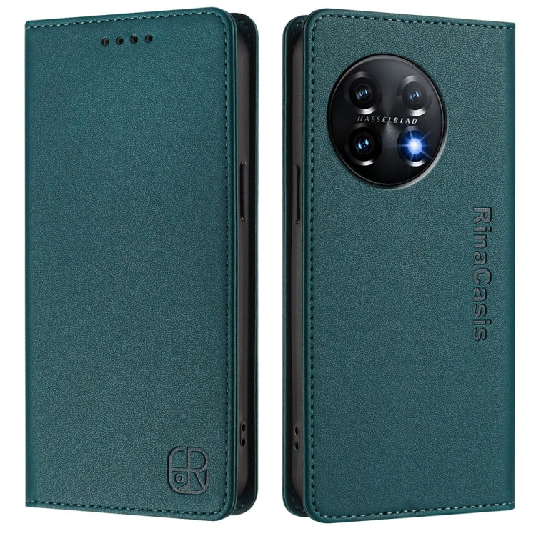 Funda de Cuero con Doble Pliegue y Succión Magnética RFID para OnePlus 11 Rc01 (Verde Oscuro)