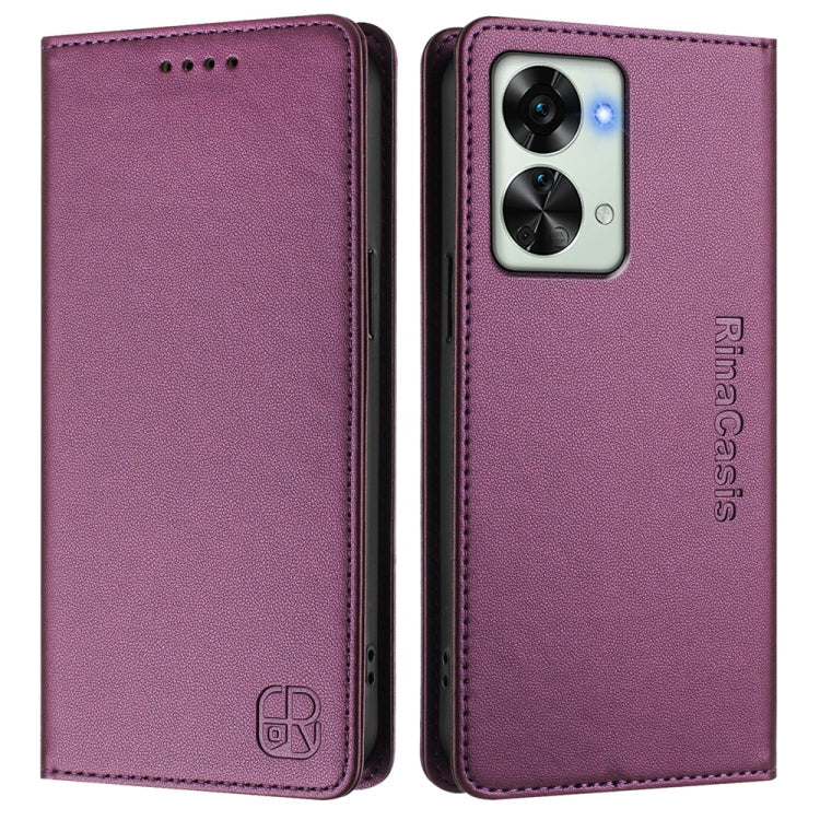 Funda de Cuero con Doble Pliegue y Succión Magnética Rfid para OnePlus Nord 2T Rc01 (Violeta)