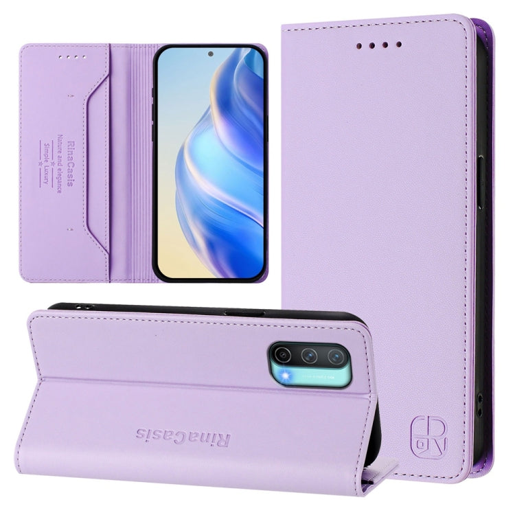 Funda de Cuero con Doble Pliegue y Succión Magnética Rfid para OnePlus Nord Ce 5G Rc01 (Morado Claro)