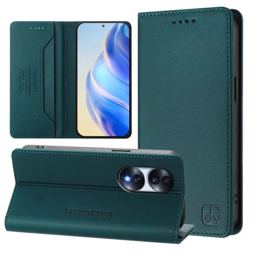 Funda de Cuero Rfid para Honor 70 Rc01 con Doble Pliegue y Succión Magnética (Verde Oscuro)