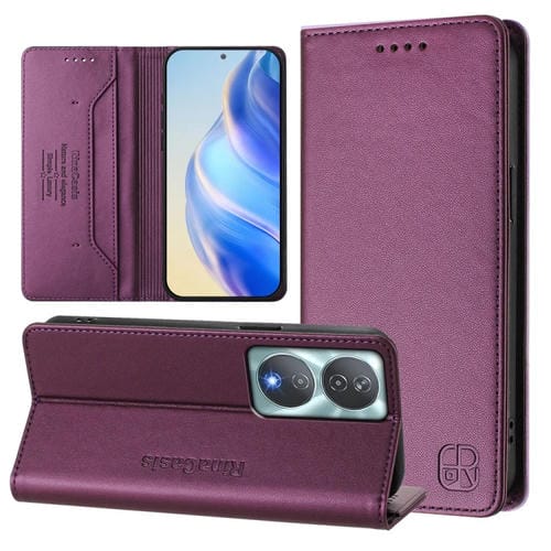 Funda de Cuero con Doble Pliegue Succión Magnética Rfid para Honor 90 Smart X7B 5G 4G Rc01 (Violeta)
