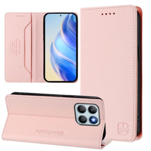 Funda de Cuero para Honor X8B Global Rc01 con Doble Pliegue y Succión Magnética Rfid (Rosa)