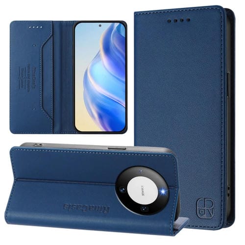 Funda de Cuero con Doble Pliegue y Succión Magnética RFID para Huawei Mate 60 Rc01 (Azul Oscuro)