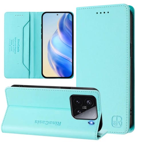 Funda De Cuero Con Doble Pliegue Y Succión Magnética Rfid Para Xiaomi 15 Rc01 (Verde Menta)
