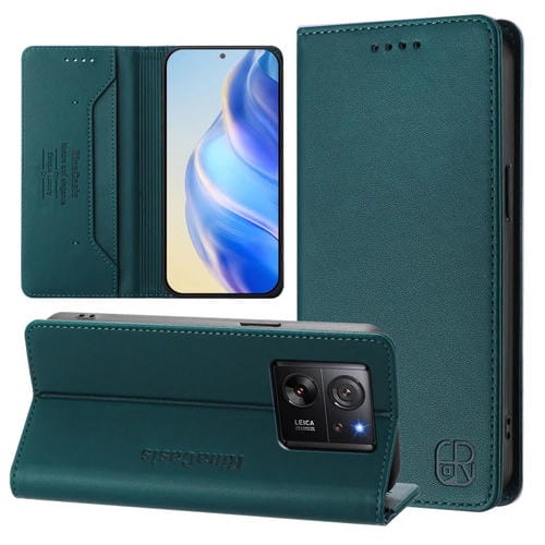 Funda de Cuero con Doble Pliegue y Succión Magnética para Redmi K60 Ultra / Xiaomi 13T / 13T Pro Rc01 (Verde Oscuro)